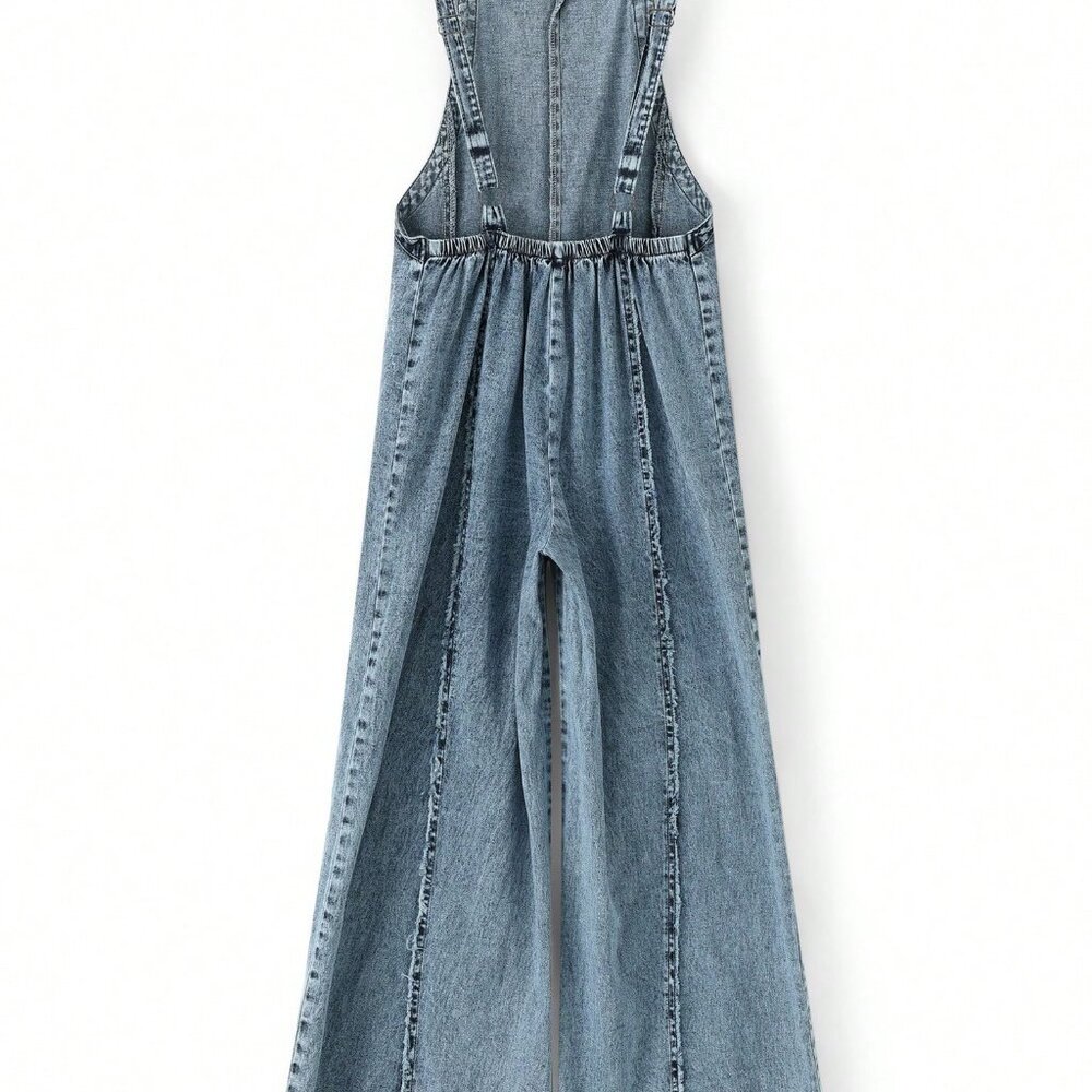 Blue Casual Women's Denim Overalls Washed Trim Sleeveless Wide Leg Jumpsuit - Picture 4 of 4